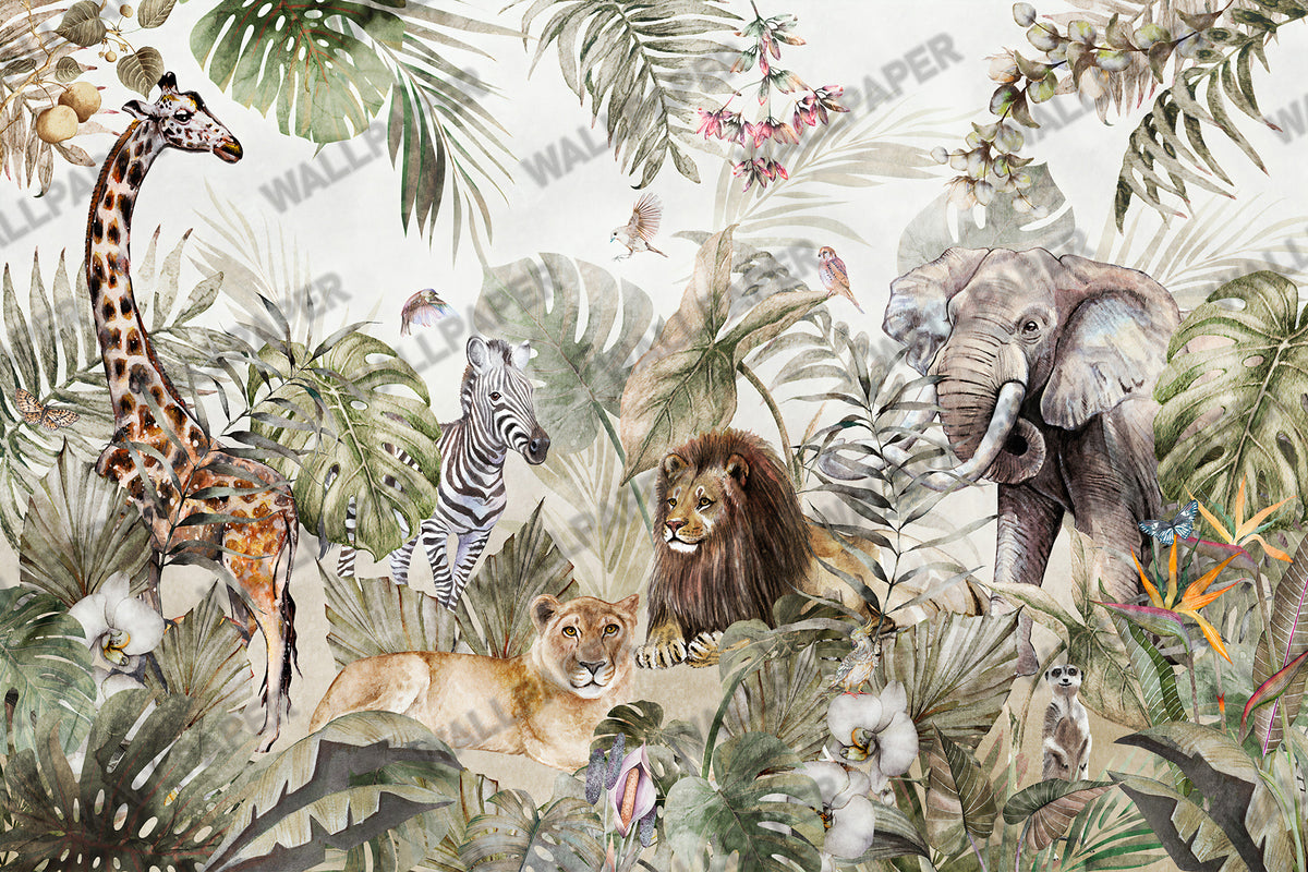 Jungle Animals Wallpaper : Watercolor Lion Giraffe and Zebra Mural - View 2