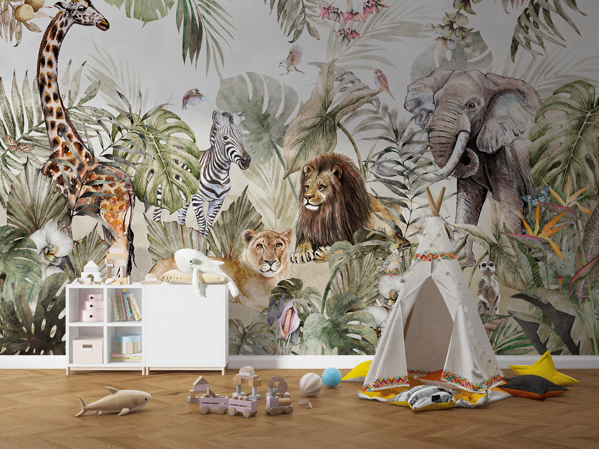 Jungle Animals Wallpaper : Watercolor Lion Giraffe and Zebra Mural - View 3