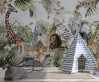 Jungle Animals Wallpaper : Watercolor Lion Giraffe and Zebra Mural