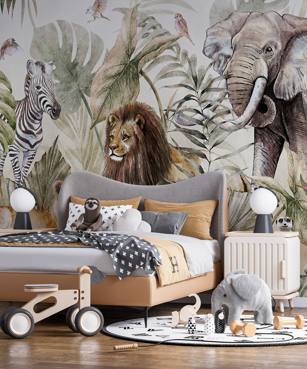 Jungle Animals Wallpaper : Watercolor Lion Giraffe and Zebra Mural - View 4