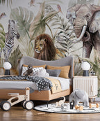 Jungle Animals Wallpaper : Watercolor Lion Giraffe and Zebra Mural - View 4