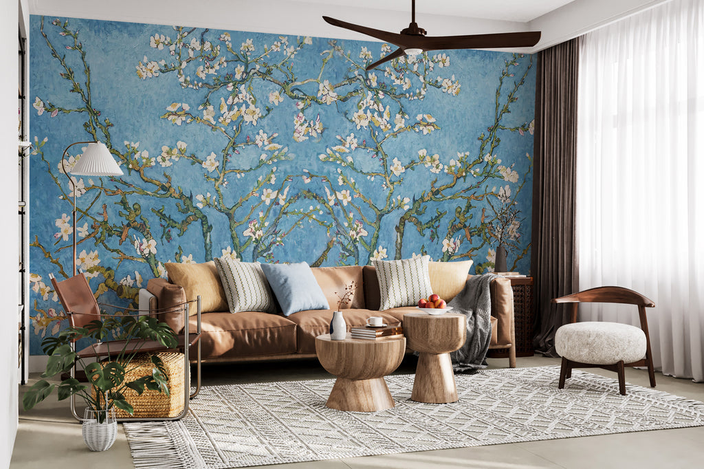 Almond Blossom Wallpaper : Blue Impressionist Branches Mural