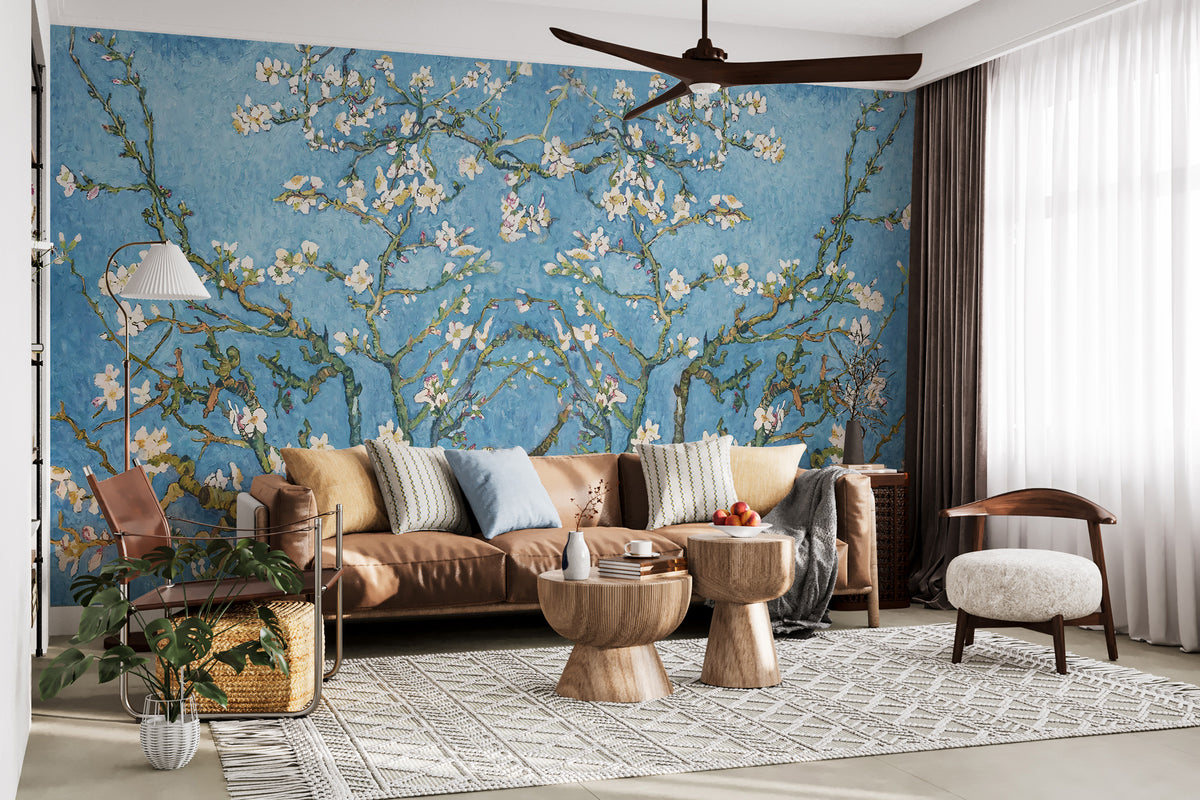 Almond Blossom Wallpaper : Blue Impressionist Branches Mural
