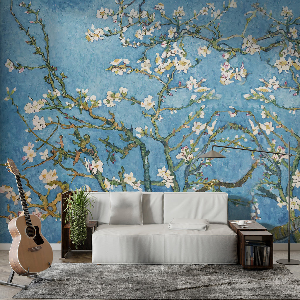 Almond Blossom Wallpaper : Blue Impressionist Branches Mural - View 3