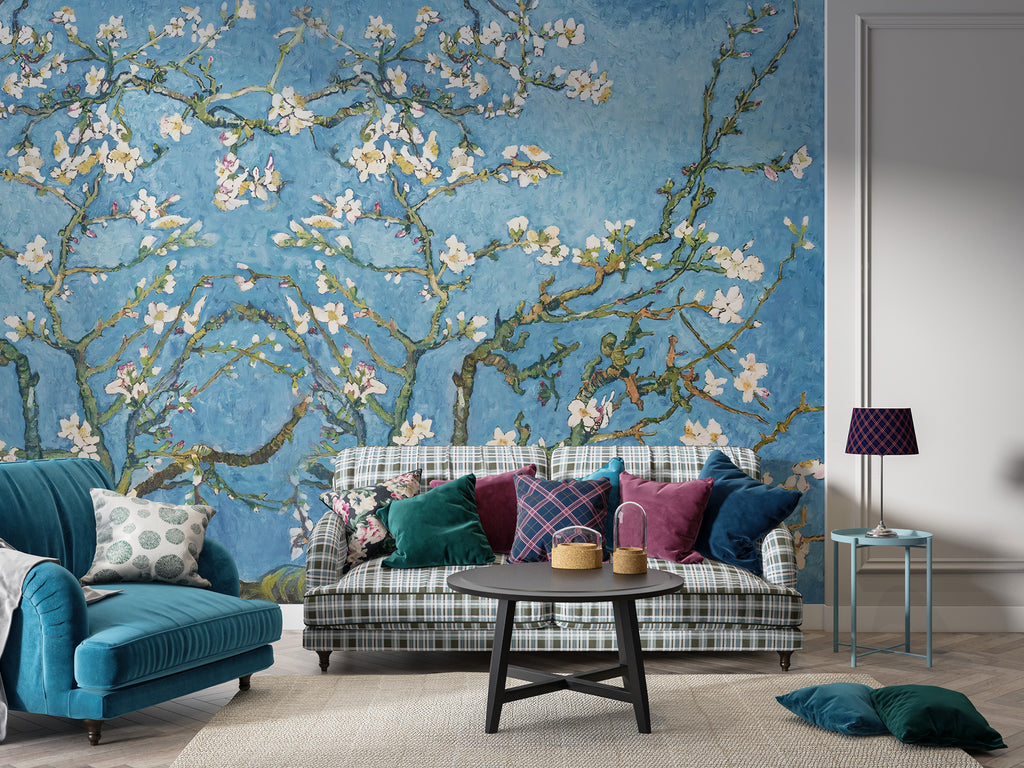 Almond Blossom Wallpaper : Blue Impressionist Branches Mural - View 4