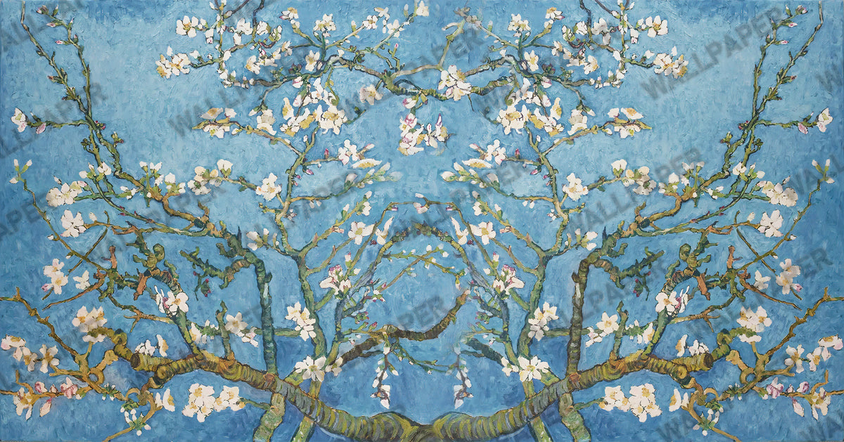 Almond Blossom Wallpaper : Blue Impressionist Branches Mural - View 2
