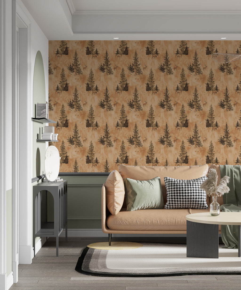 Pine Trees and Deer Wallpaper : Rustic Orange Forest Pattern - View 6