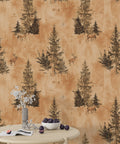 Pine Trees and Deer Wallpaper : Rustic Orange Forest Pattern