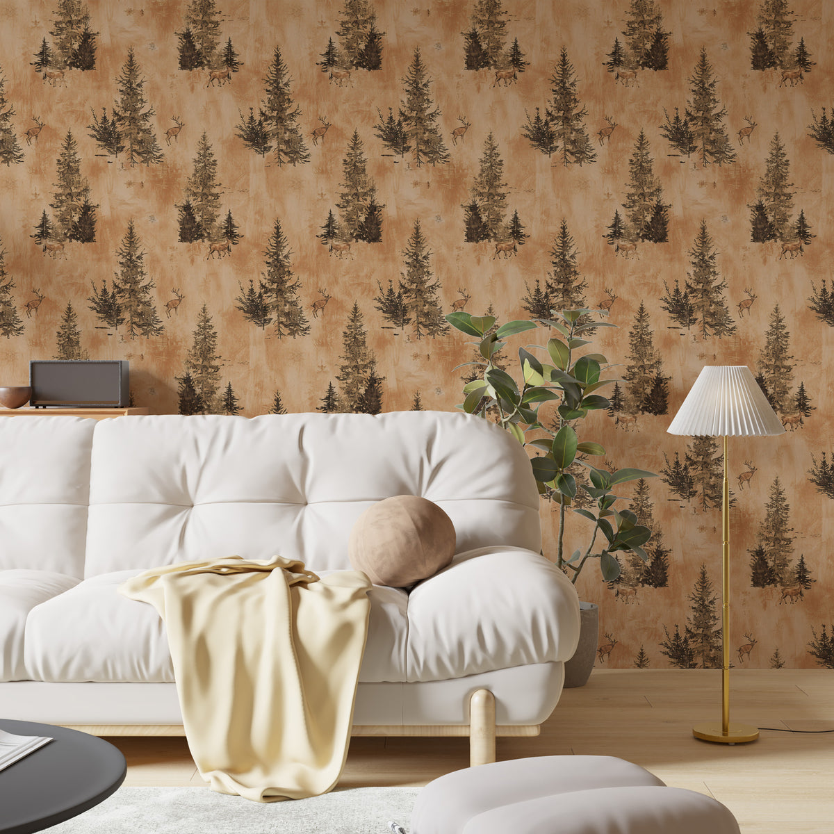 Pine Trees and Deer Wallpaper : Rustic Orange Forest Pattern - View 5