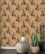 Pine Trees and Deer Wallpaper : Rustic Orange Forest Pattern - View 3