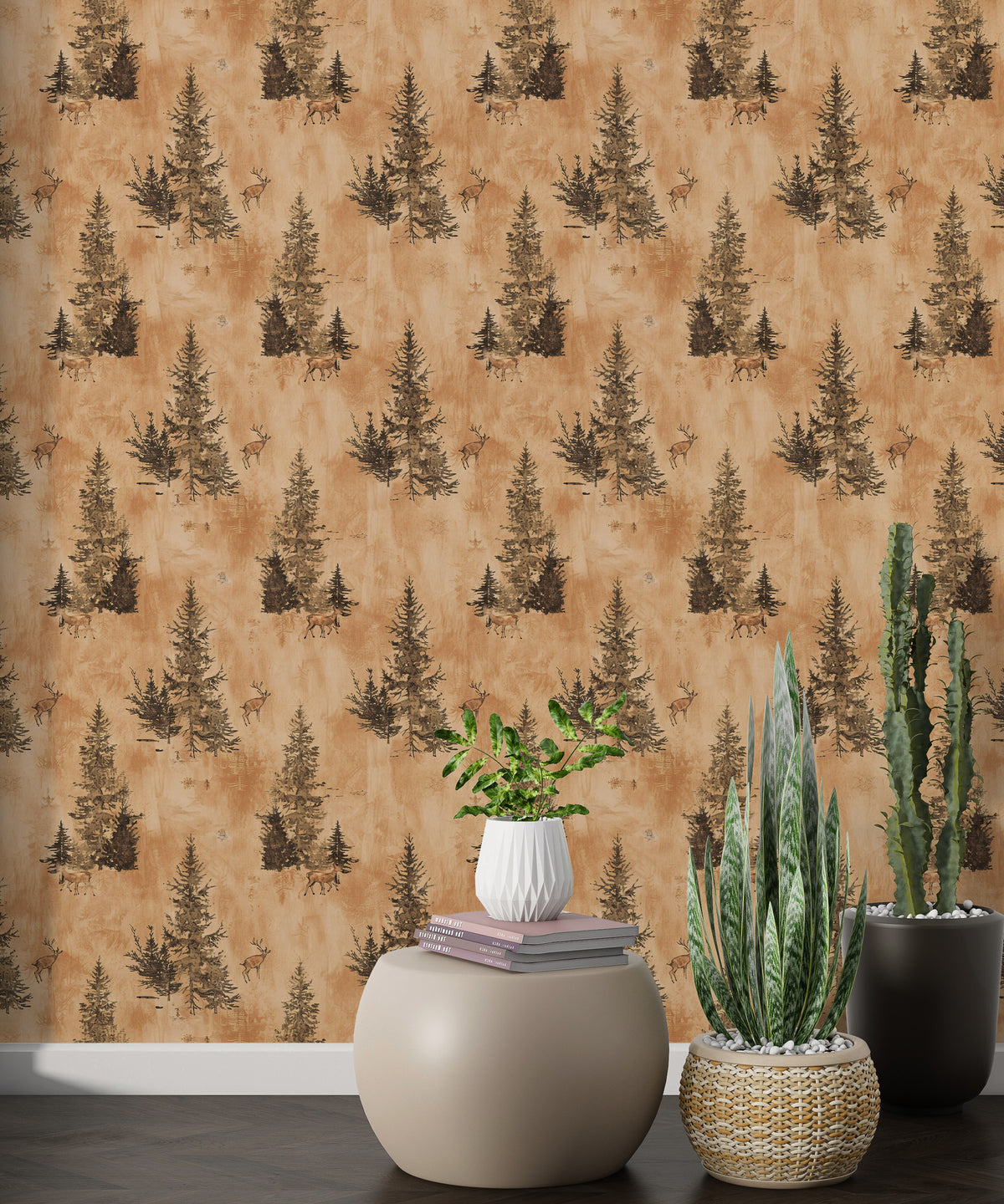 Pine Trees and Deer Wallpaper : Rustic Orange Forest Pattern - View 3