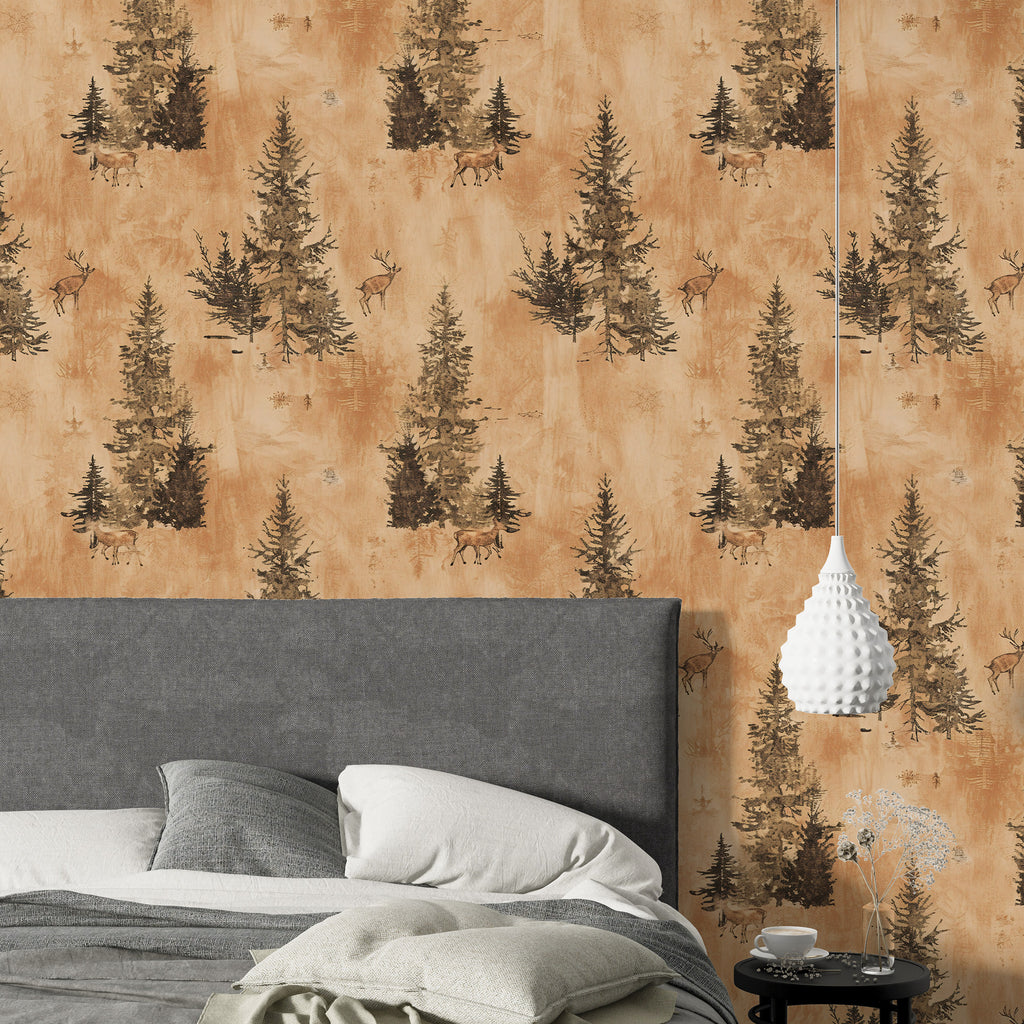 Pine Trees and Deer Wallpaper : Rustic Orange Forest Pattern - View 4