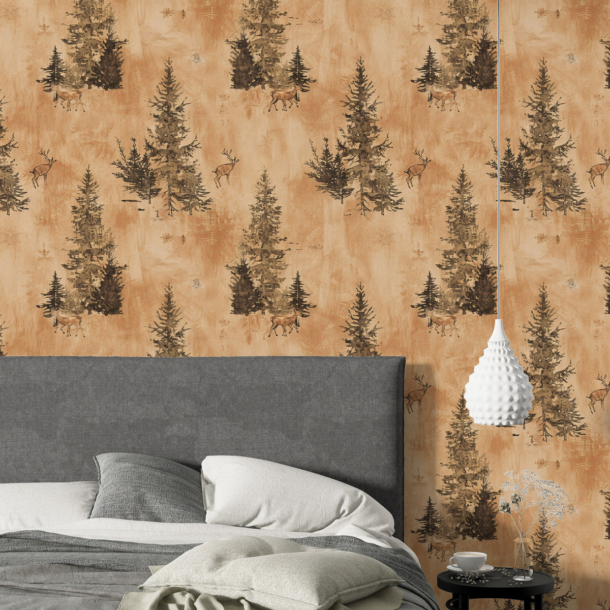Pine Trees and Deer Wallpaper : Rustic Orange Forest Pattern - View 4