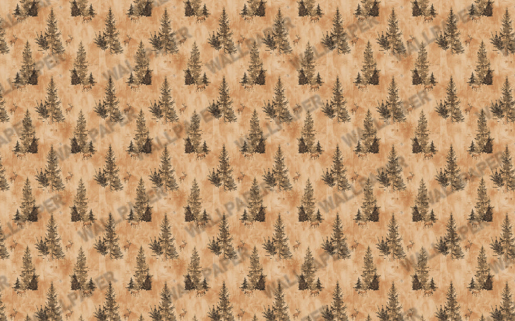 Pine Trees and Deer Wallpaper : Rustic Orange Forest Pattern - View 2