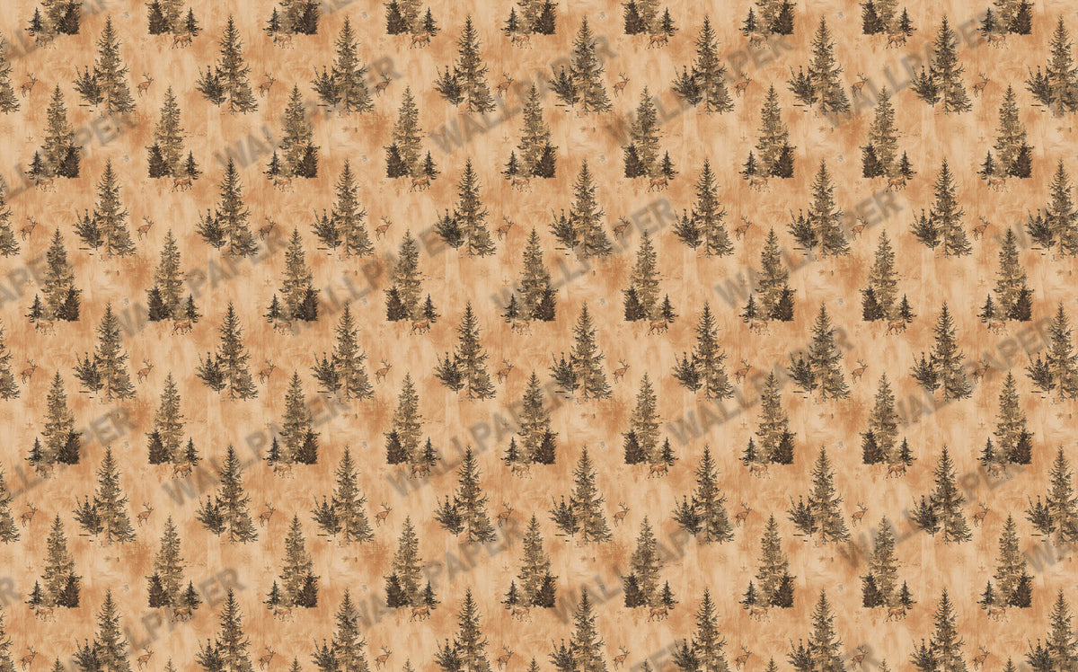 Pine Trees and Deer Wallpaper : Rustic Orange Forest Pattern - View 2