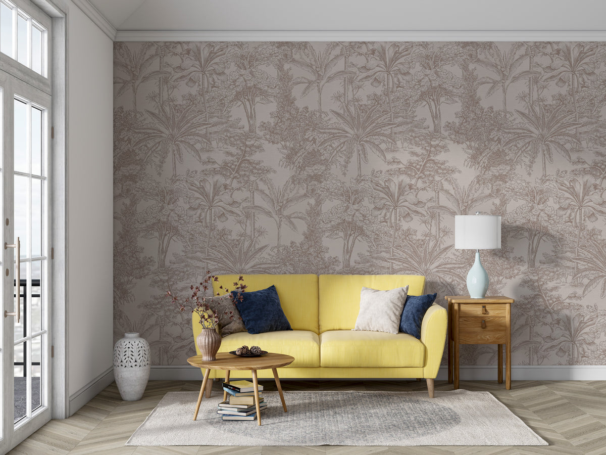 Beige Toile Palm Wallpaper : Line Drawn Tropical Trees Mural - View 3