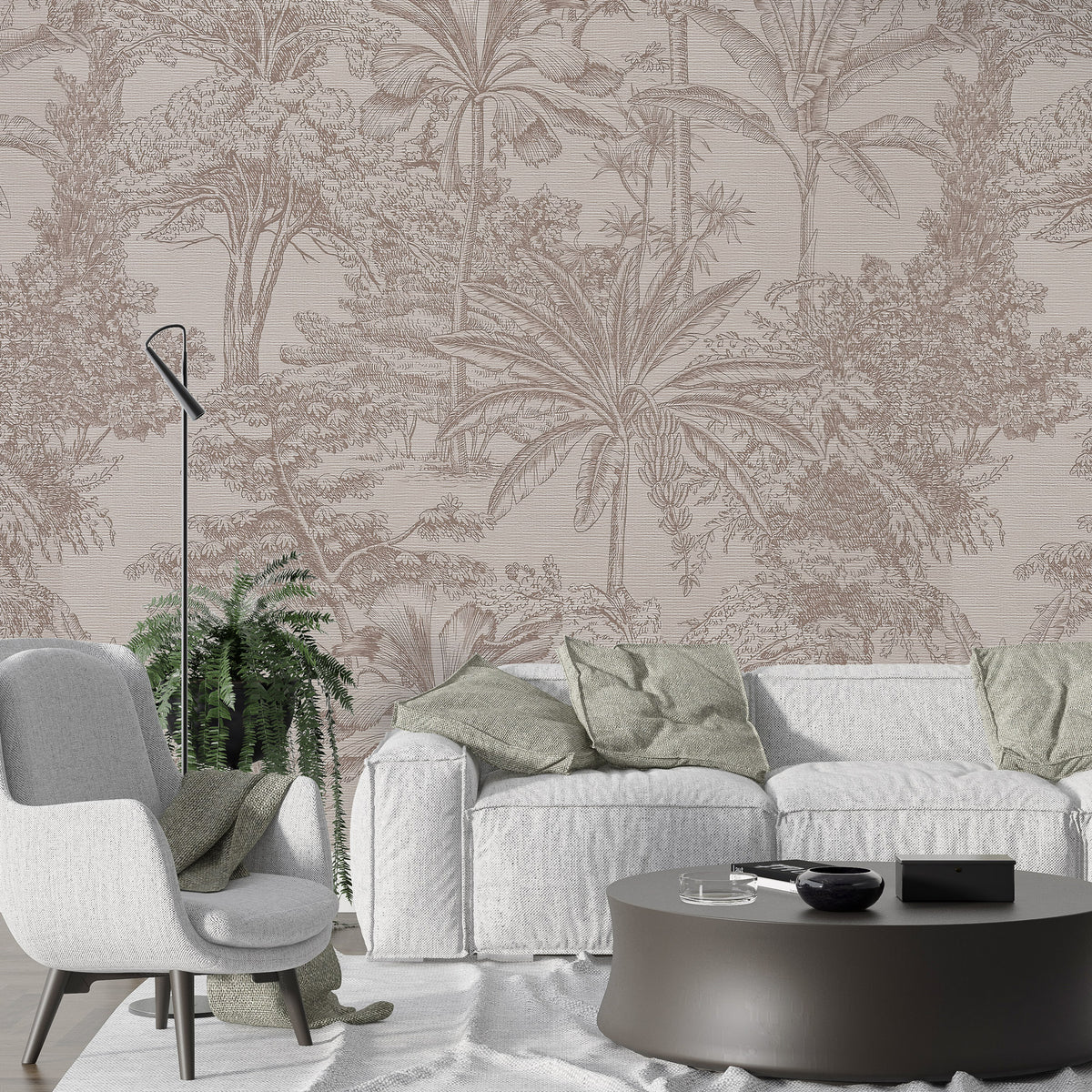 Beige Toile Palm Wallpaper : Line Drawn Tropical Trees Mural - View 4