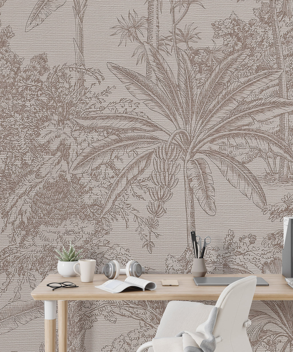 Beige Toile Palm Wallpaper : Line Drawn Tropical Trees Mural
