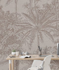 Beige Toile Palm Wallpaper : Line Drawn Tropical Trees Mural