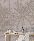 Beige Toile Palm Wallpaper : Line Drawn Tropical Trees Mural