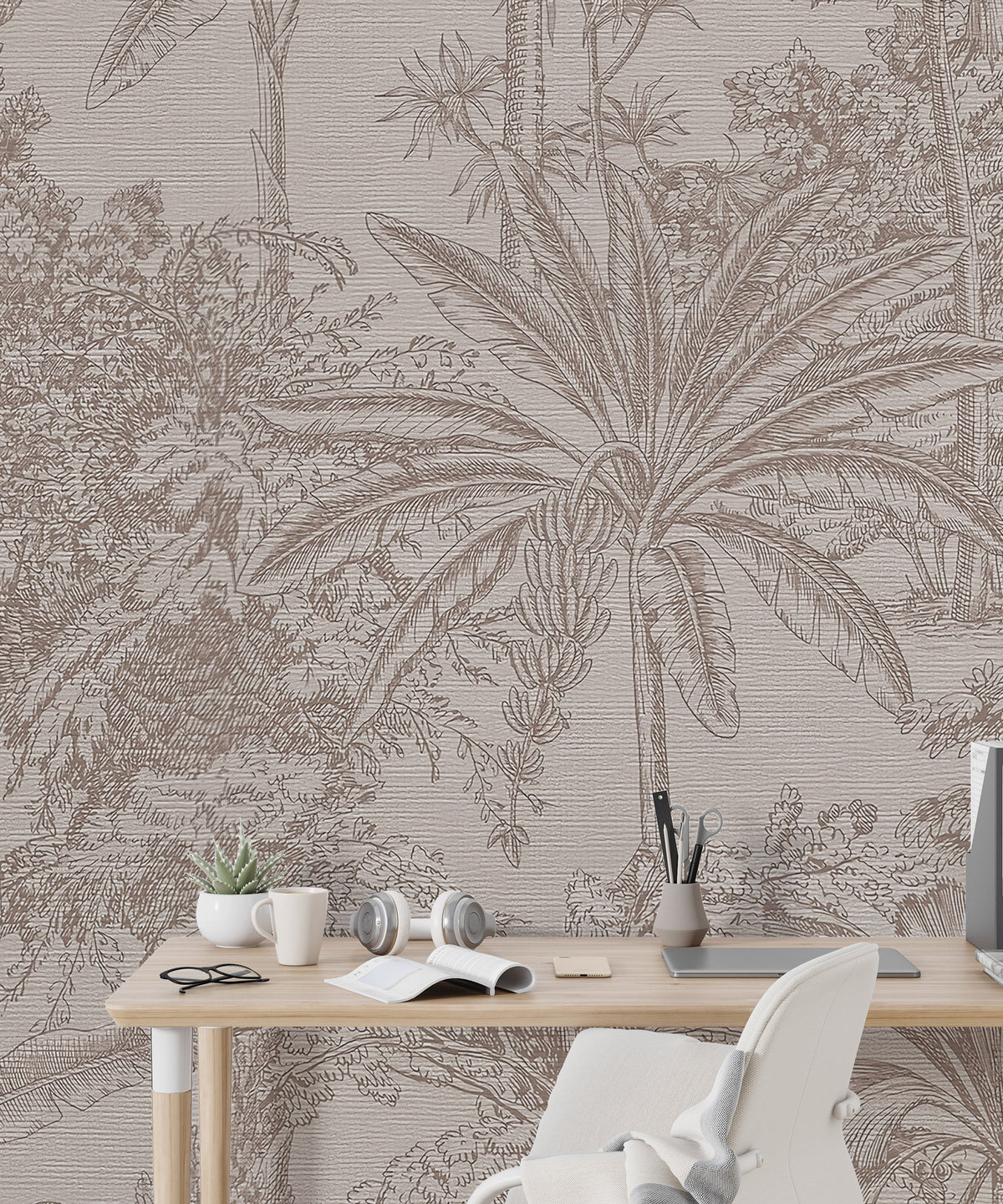 Beige Toile Palm Wallpaper : Line Drawn Tropical Trees Mural