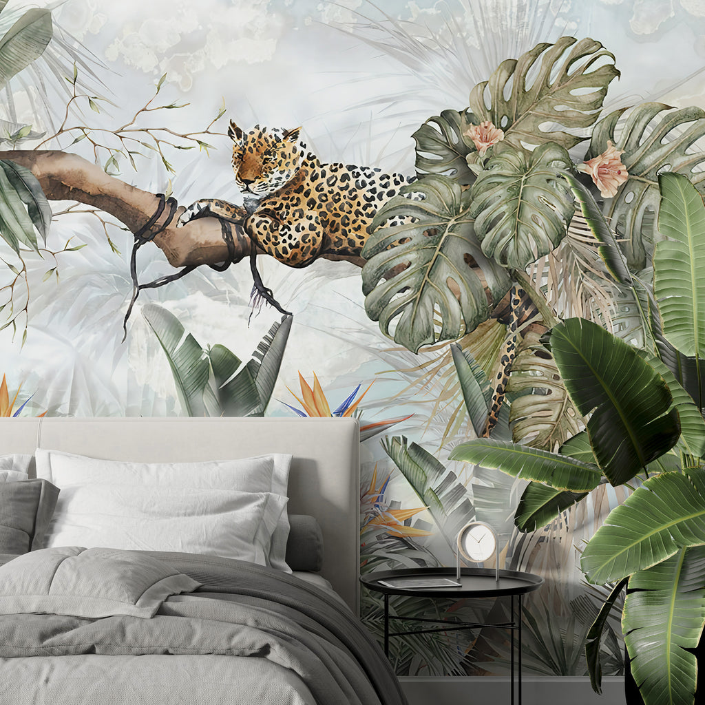 Jungle Leopards Wallpaper : Tropical Trees Wildlife Mural - View 3
