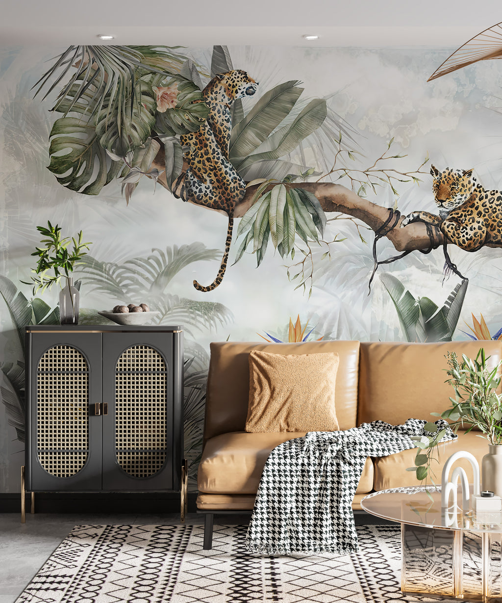 Jungle Leopards Wallpaper : Tropical Trees Wildlife Mural - View 4