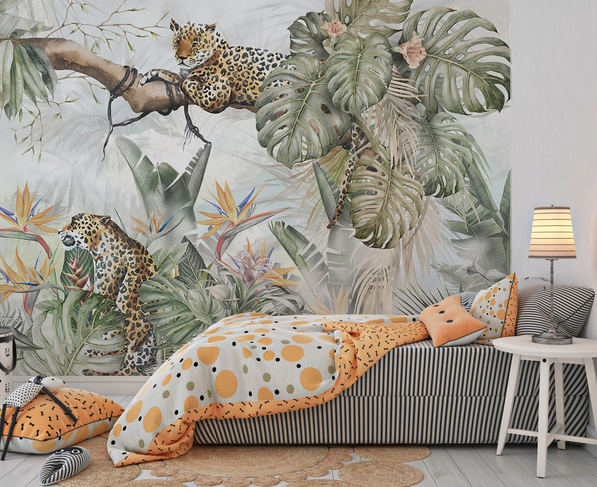 Jungle Leopards Wallpaper : Tropical Trees Wildlife Mural