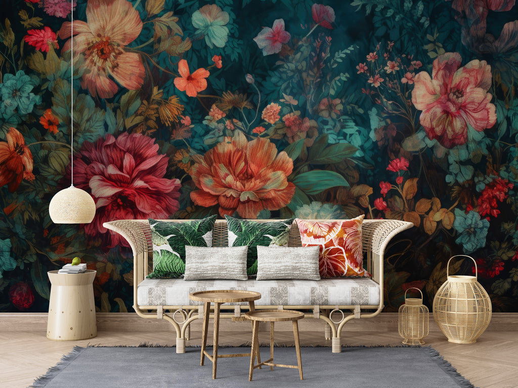 Dark Floral Wallpaper : Vibrant Painted Blooms Mural - View 3