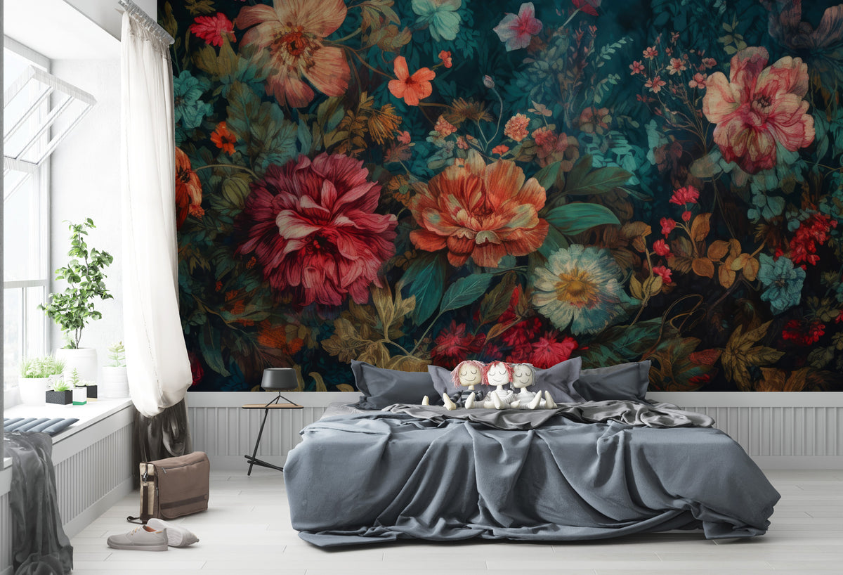 Dark Floral Wallpaper : Vibrant Painted Blooms Mural - View 6