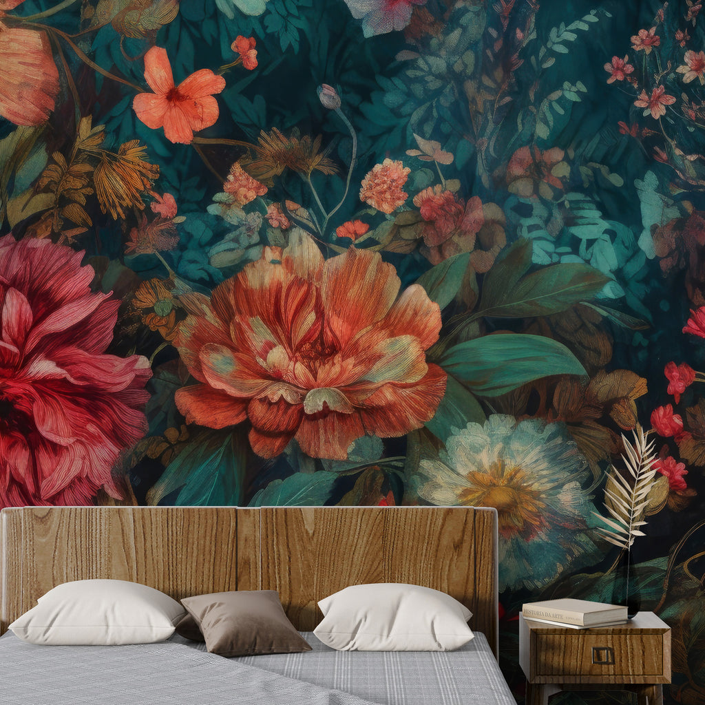 Dark Floral Wallpaper : Vibrant Painted Blooms Mural