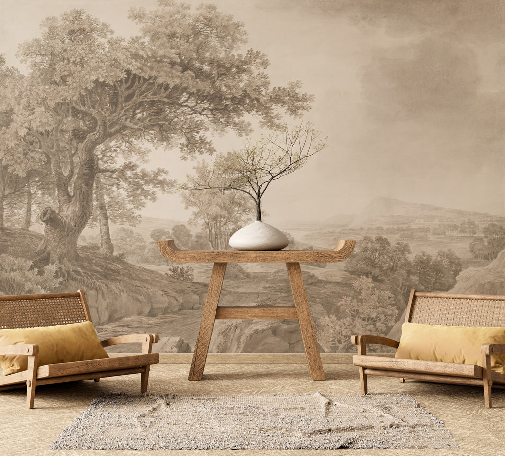 Sepia Pencil Forest Wallpaper : Classic Woodland Sketch Mural