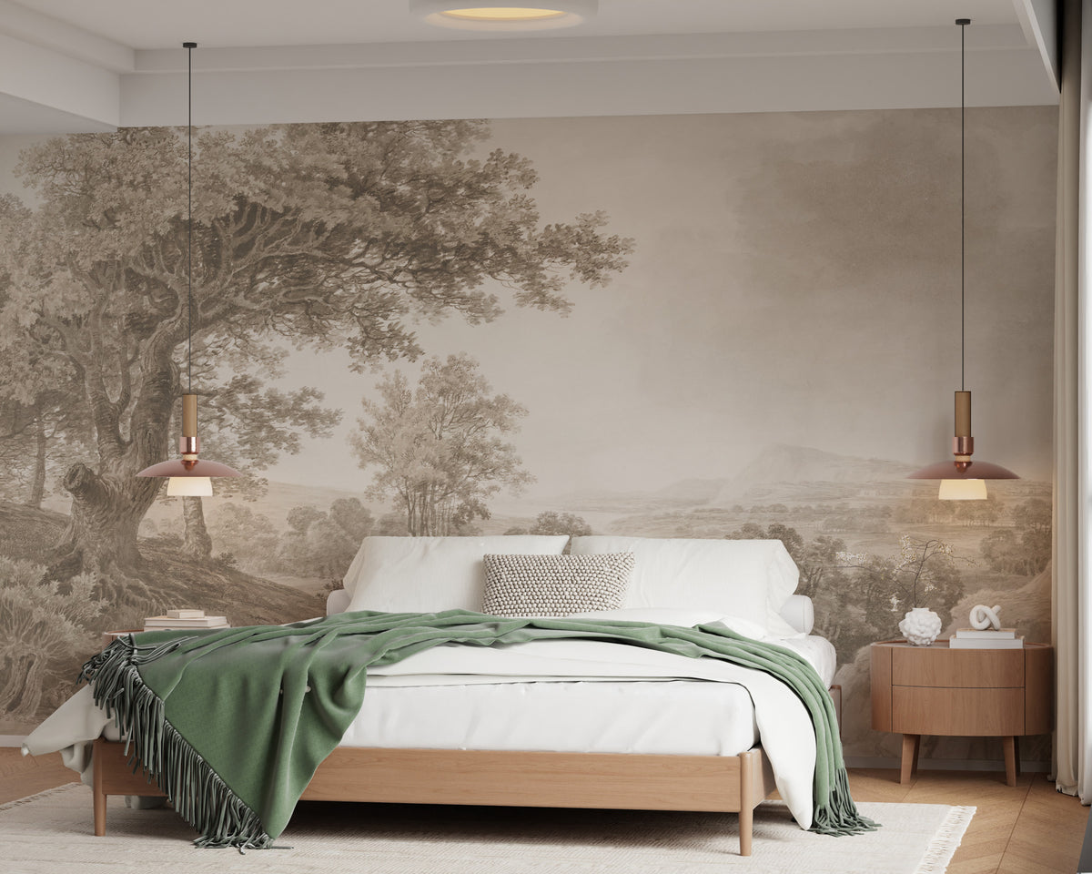 Sepia Pencil Forest Wallpaper : Classic Woodland Sketch Mural - View 5