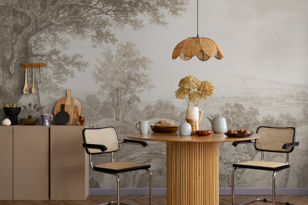 Sepia Pencil Forest Wallpaper : Classic Woodland Sketch Mural - View 6