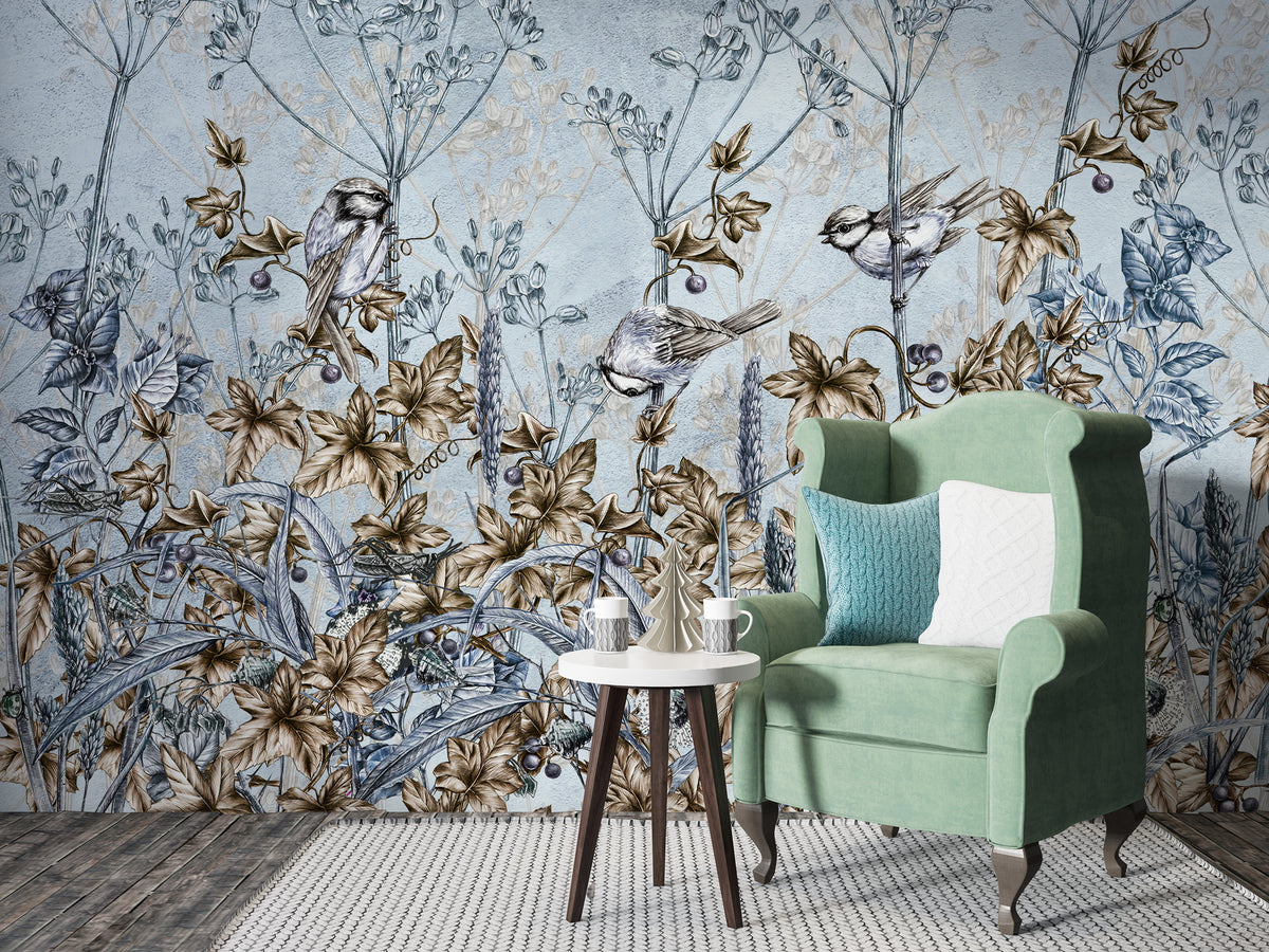 Blue Botanical Birds Wallpaper : Sketched Leaves and Songbird Mural - View 3