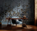Blue Botanical Birds Wallpaper : Sketched Leaves and Songbird Mural