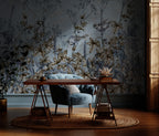 Blue Botanical Birds Wallpaper : Sketched Leaves and Songbird Mural