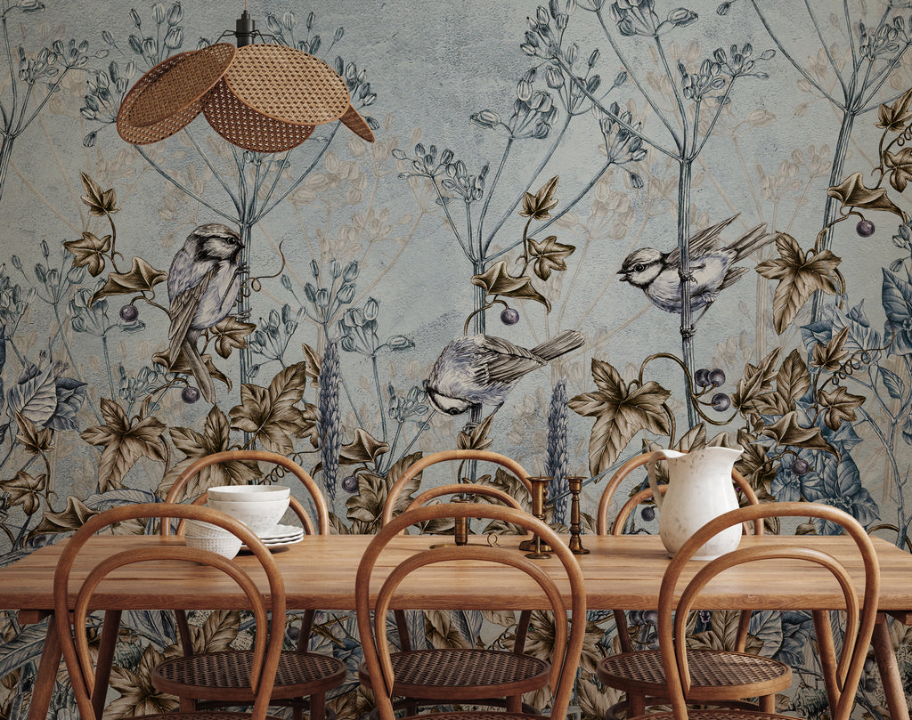 Blue Botanical Birds Wallpaper : Sketched Leaves and Songbird Mural - View 4