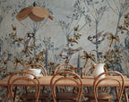 Blue Botanical Birds Wallpaper : Sketched Leaves and Songbird Mural - View 4