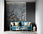 Blue Botanical Birds Wallpaper : Sketched Leaves and Songbird Mural - View 5