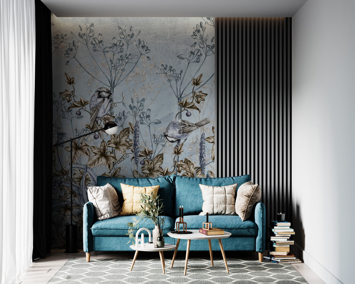Blue Botanical Birds Wallpaper : Sketched Leaves and Songbird Mural - View 5