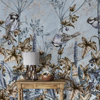 Blue Botanical Birds Wallpaper : Sketched Leaves and Songbird Mural - View 6