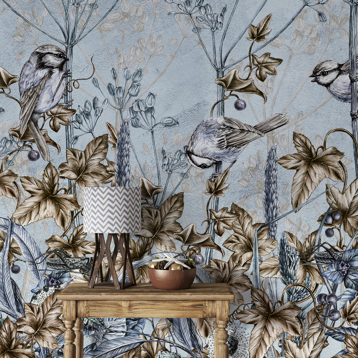 Blue Botanical Birds Wallpaper : Sketched Leaves and Songbird Mural - View 6