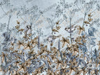 Blue Botanical Birds Wallpaper : Sketched Leaves and Songbird Mural - View 2