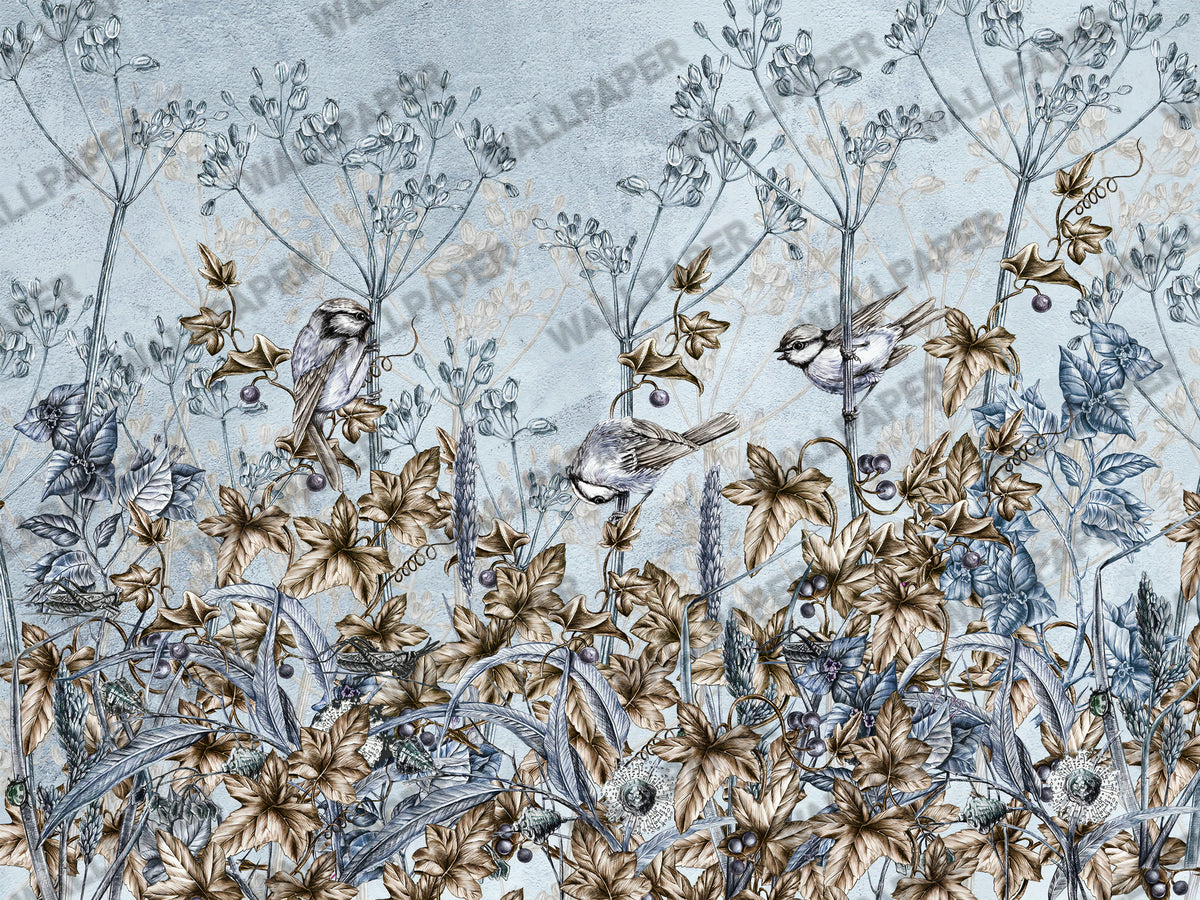 Blue Botanical Birds Wallpaper : Sketched Leaves and Songbird Mural - View 2