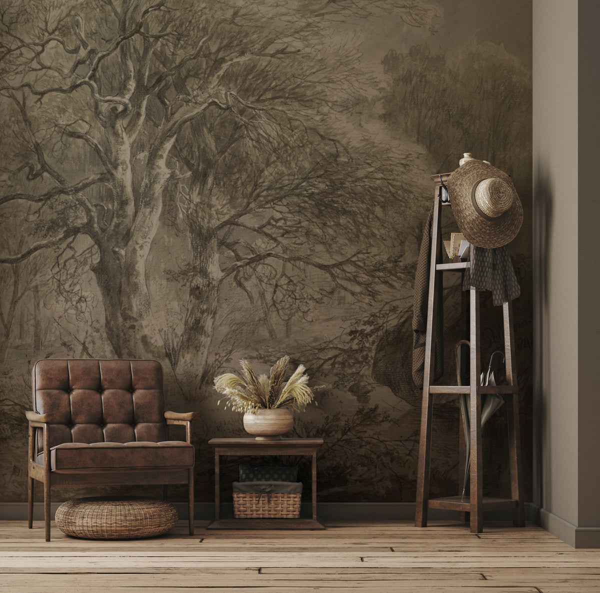 Vintage Branches Wallpaper : Sepia Countryside Forest Mural