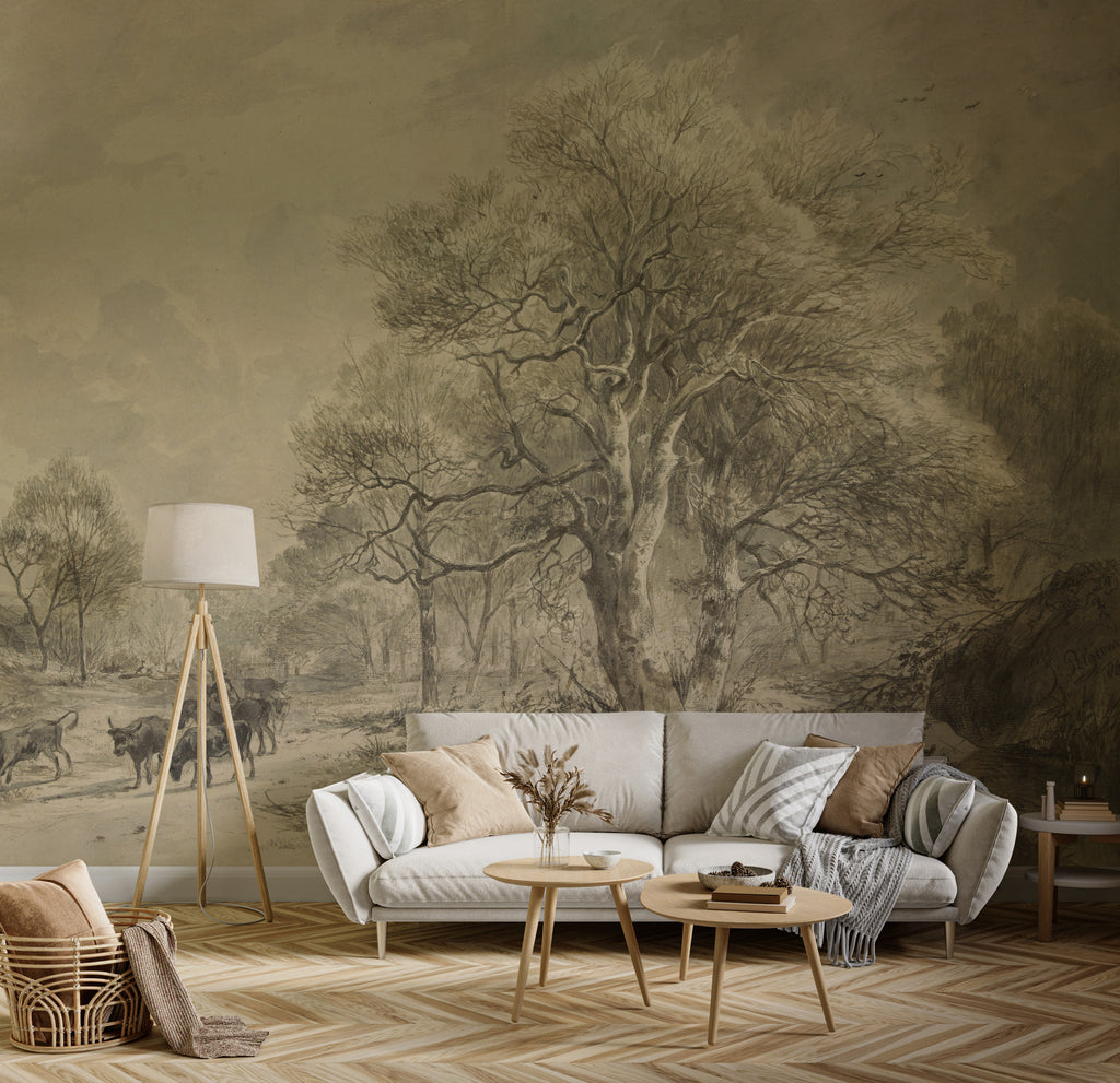 Vintage Branches Wallpaper : Sepia Countryside Forest Mural - View 3