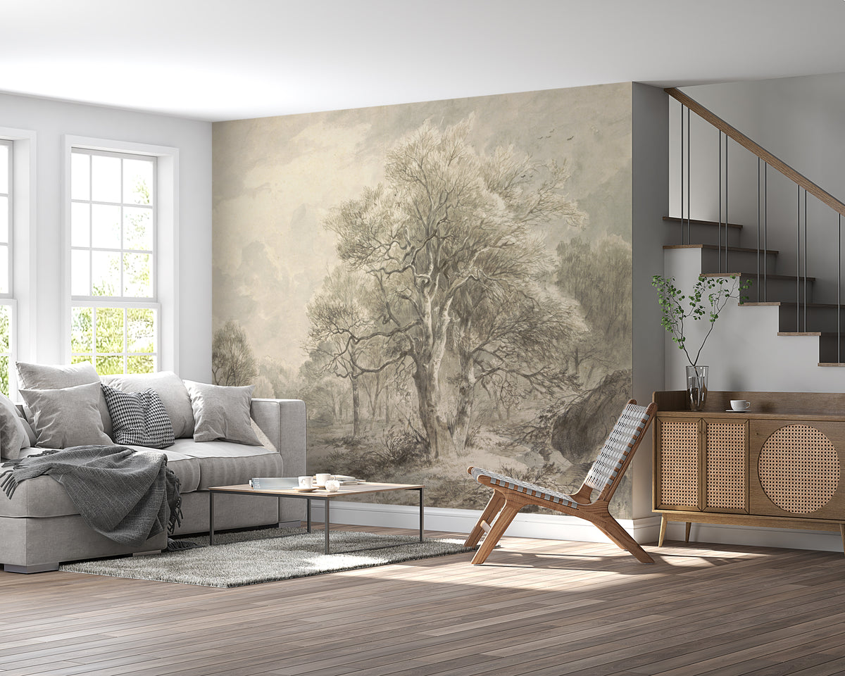 Vintage Branches Wallpaper : Sepia Countryside Forest Mural - View 4