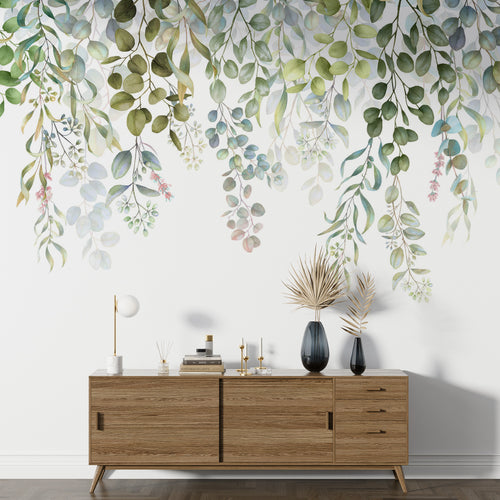 Light Green Hanging Plants Wallpaper : Watercolor Leaves Mural