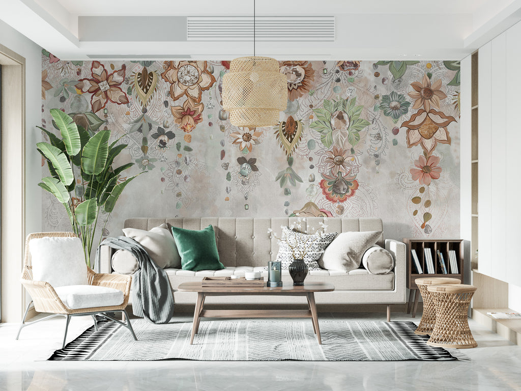 Boho Hanging Flowers Wallpaper : Colourful Suspended Floral Mural - View 4